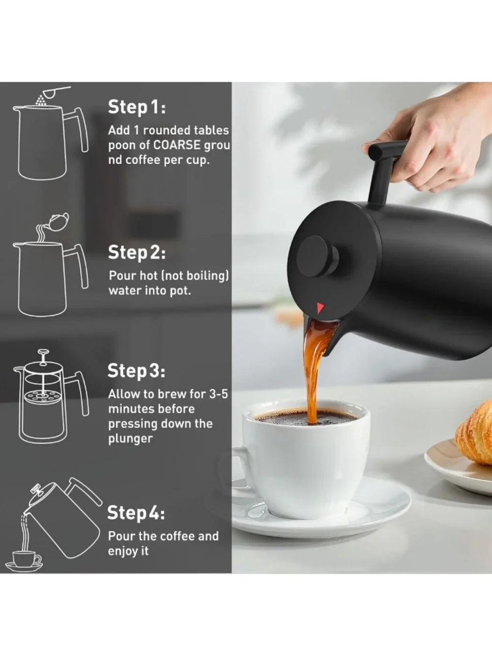 50oz Stainless Steel French Press Coffee Maker – Insulated, Extra Filter, Black